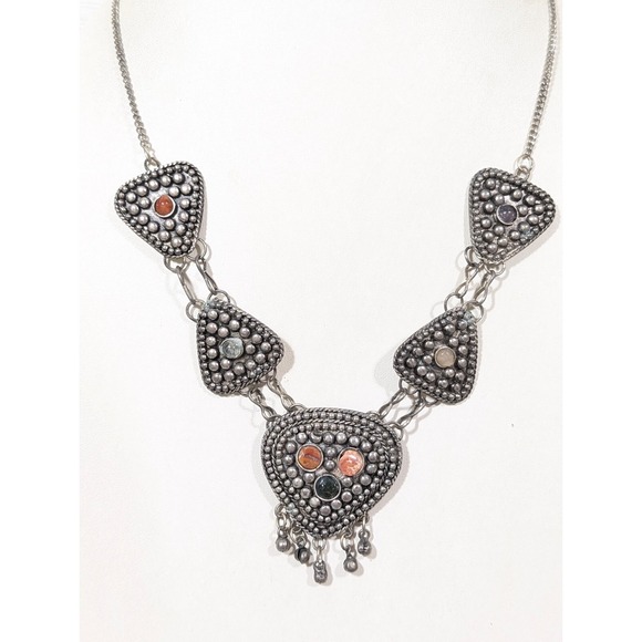 Boho Tribal Agate Cabochon Statement Necklace Antiqued Silver Tone